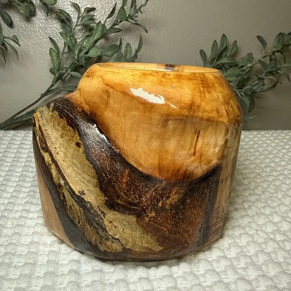 Hand Turned Natural Edge Wood Vase Studio Art Decorative Vessel Rustic 4” Vtg